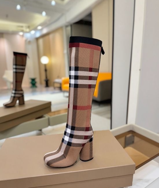 Burberry Round Toe Block Heel Plaid Stretch Knit Knee High Boots