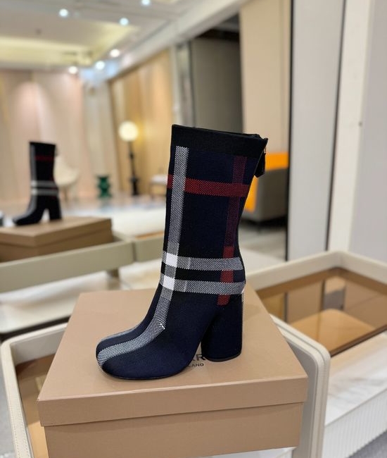 Burberry Round Toe Block Heel Plaid Stretch Knit Knee High Boots