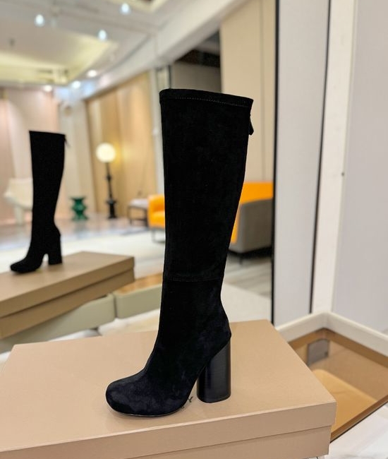 Burberry Round Toe Chunky Heel Elastic Knee High Boots