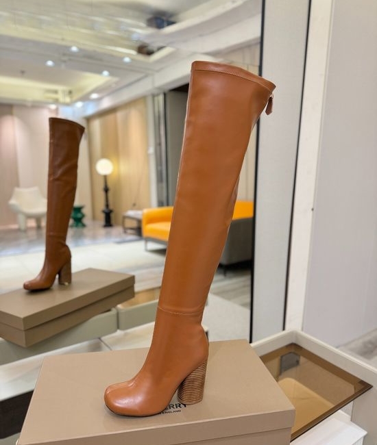 Burberry Round Toe Emblem Block Heel Stretch Knee High Boots