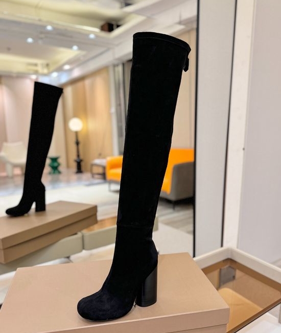 Burberry Round Toe Emblem Block Heel Stretch Knee High Boots