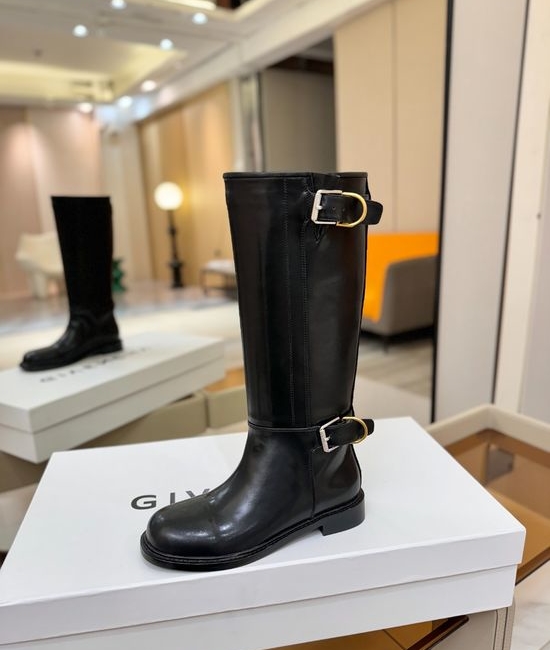 Givenchy Low Heel Genuine Leather Knee High Boots With Buckle
