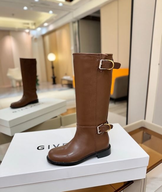 Givenchy Low Heel Genuine Leather Knee High Boots With Buckle