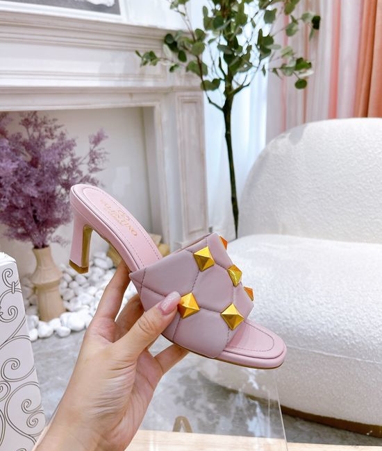 Valentino Studded Medium Heel Slip On Sandals Premium Soft Leather