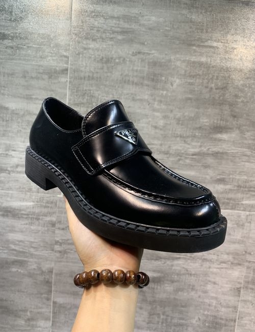 Prada Lace-Up Loafers Enamel Logo Cowhide Upper Rubber Sole
