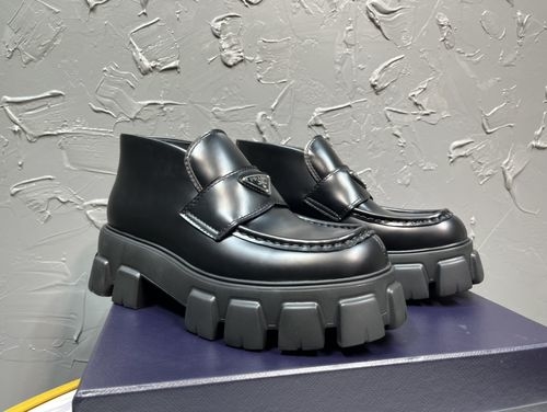 Prada Enamel Logo Round-Toe High-Top Leather Boots