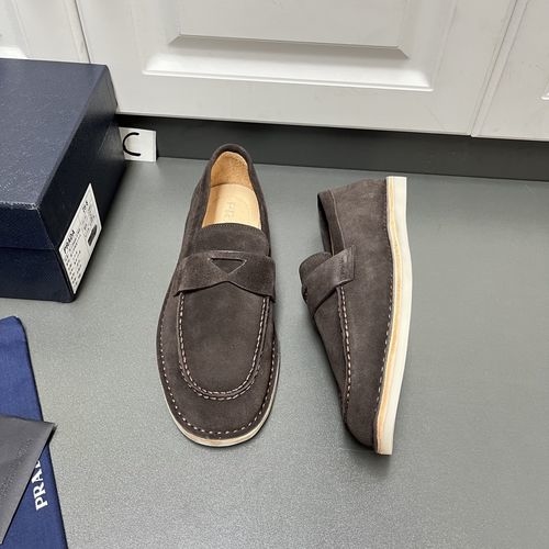 Prada Suede Leather Loafers In Brown With Embossed Logo