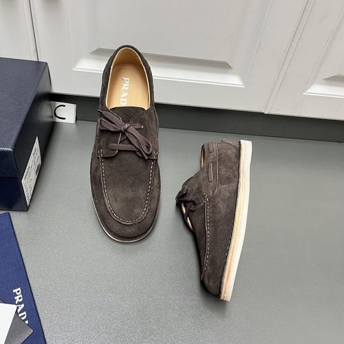 Prada Lace-Up Leather Loafers Coffee With Box