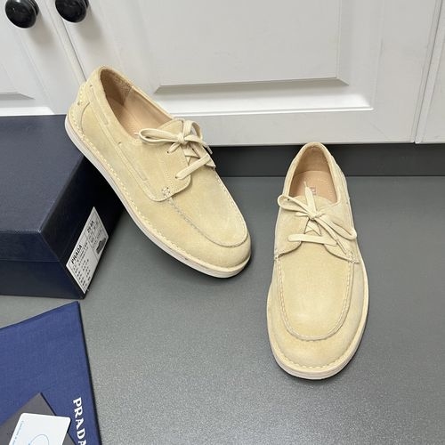 Prada Lace-Up Leather Loafers Khaki With Box
