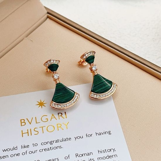 Bvlgari Rose Gold Green Fan Stud Earrings
