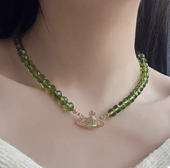 Vivienne Westhood Green Crystal Diamond Saturn Necklace