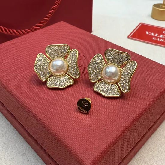 Valentino Camellia Inlaid Diamond Pearl Stud Earrings