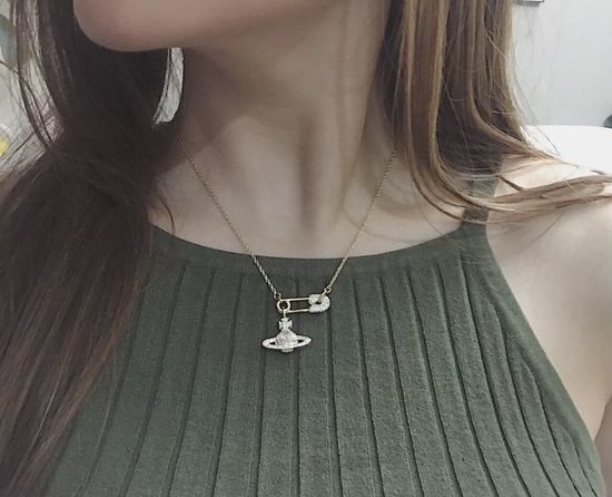 Vivienne Westhood Rhinestone Decor Saturn Pendant Necklace