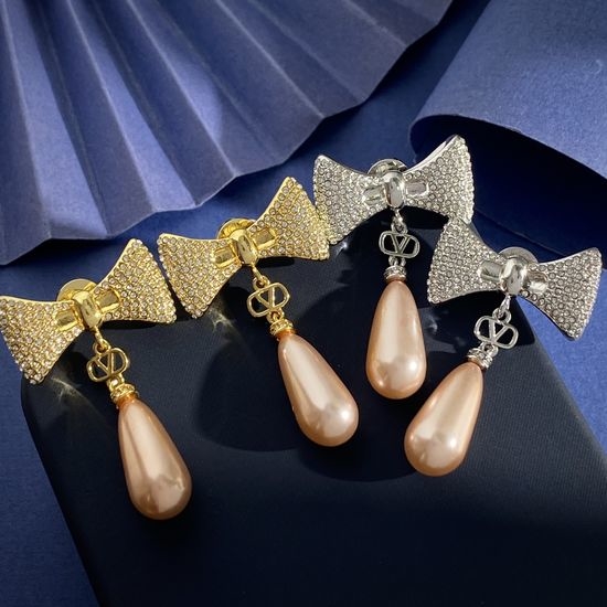 Valentino Rhinestone Bow Pearl Drop Earrings