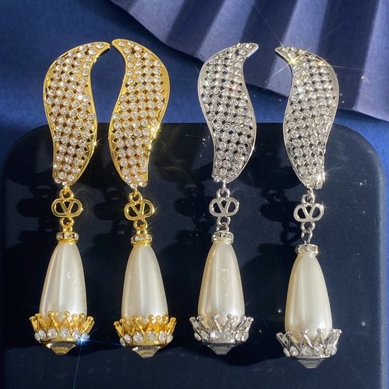 Valentino Hollow Leaf Crystal Pearl Drop Earrings