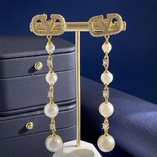 Valentino Rhinestone V-shaped Gradient Pearl Long Earrings